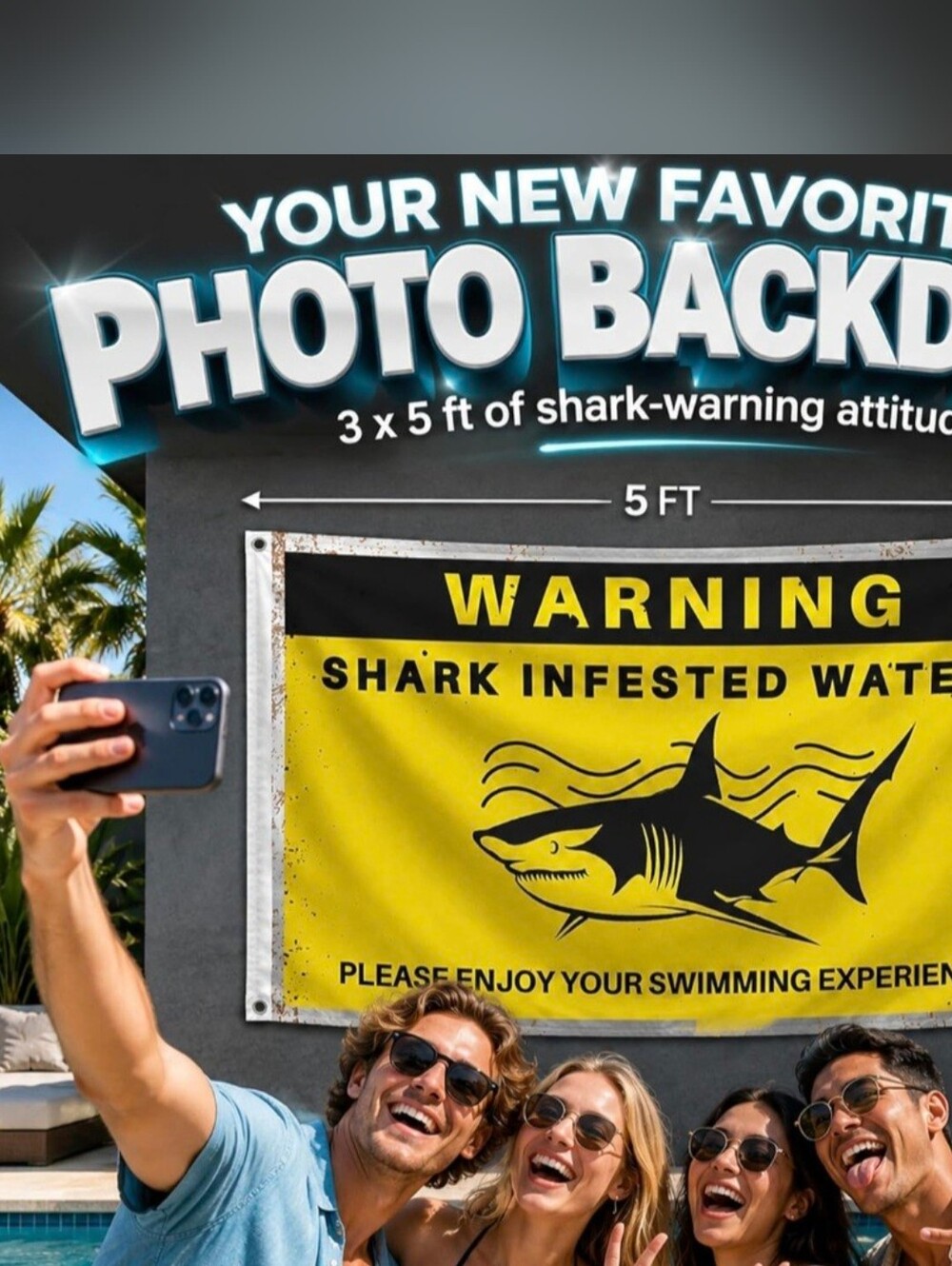 Warning Shark Infested Waters Yellow Black Banner - Picture 2 of 2
